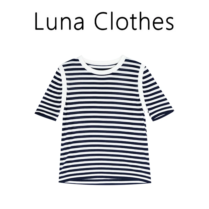 张妍LUNA “蓝白条纹T”撞色条纹T恤休闲气质舒适圆领上衣XZ-X002