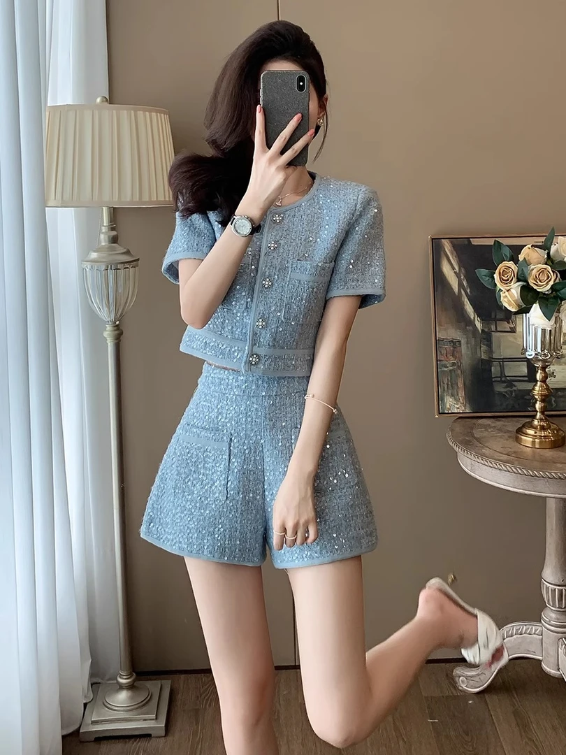 0619新款春夏季小香风套装女两件套夏季减龄洋气时尚休闲短裤套装