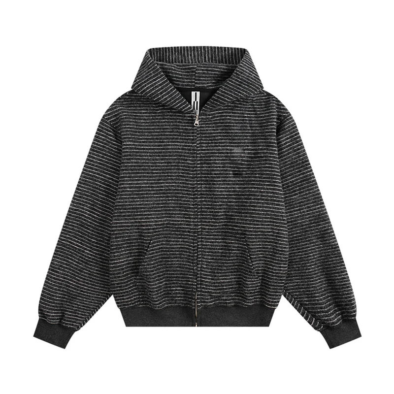 LIGGICC 早秋新款国潮美式复古条纹连帽卫衣男女宽松拉链开衫外套