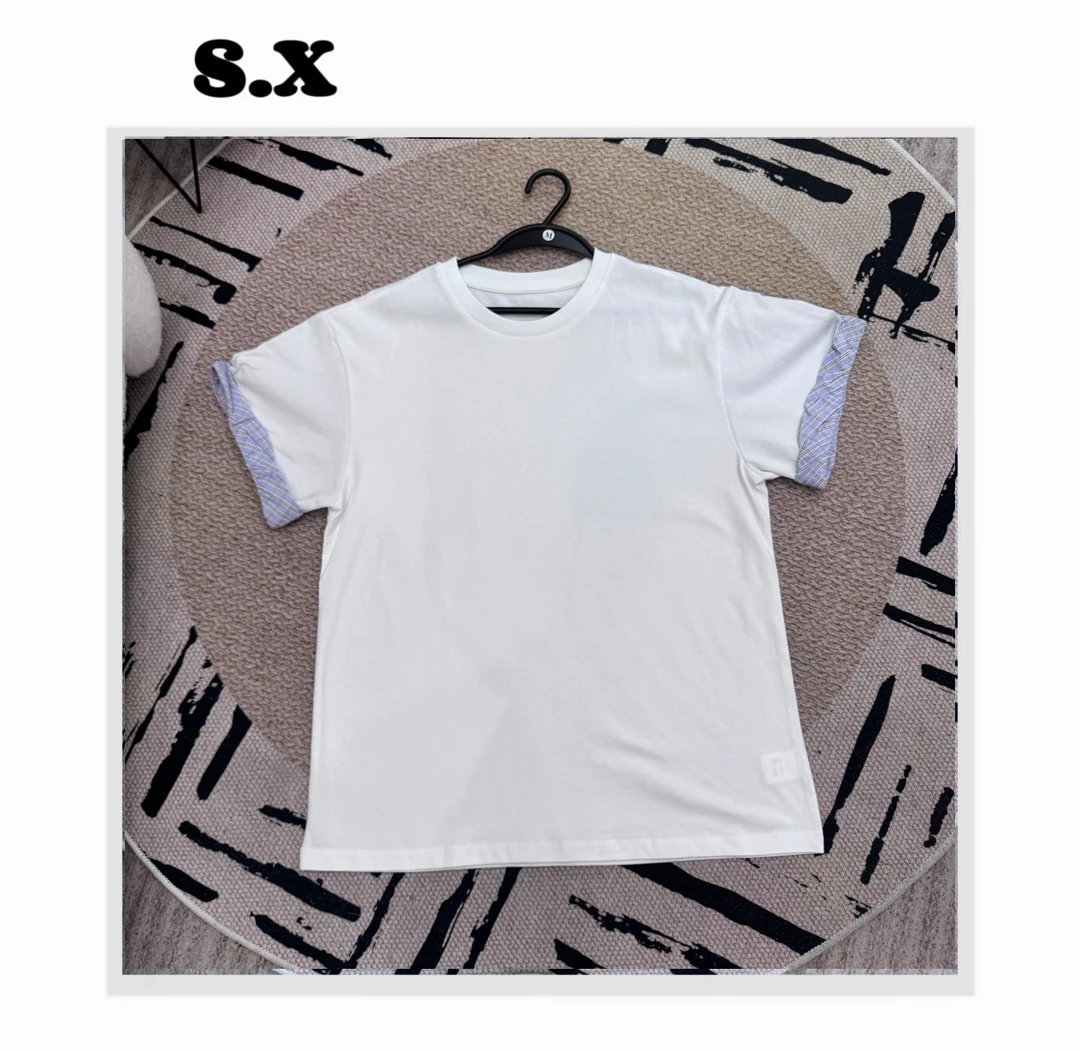 S.X 2025春夏新款袖口 袖口拼接格子短袖T恤on退