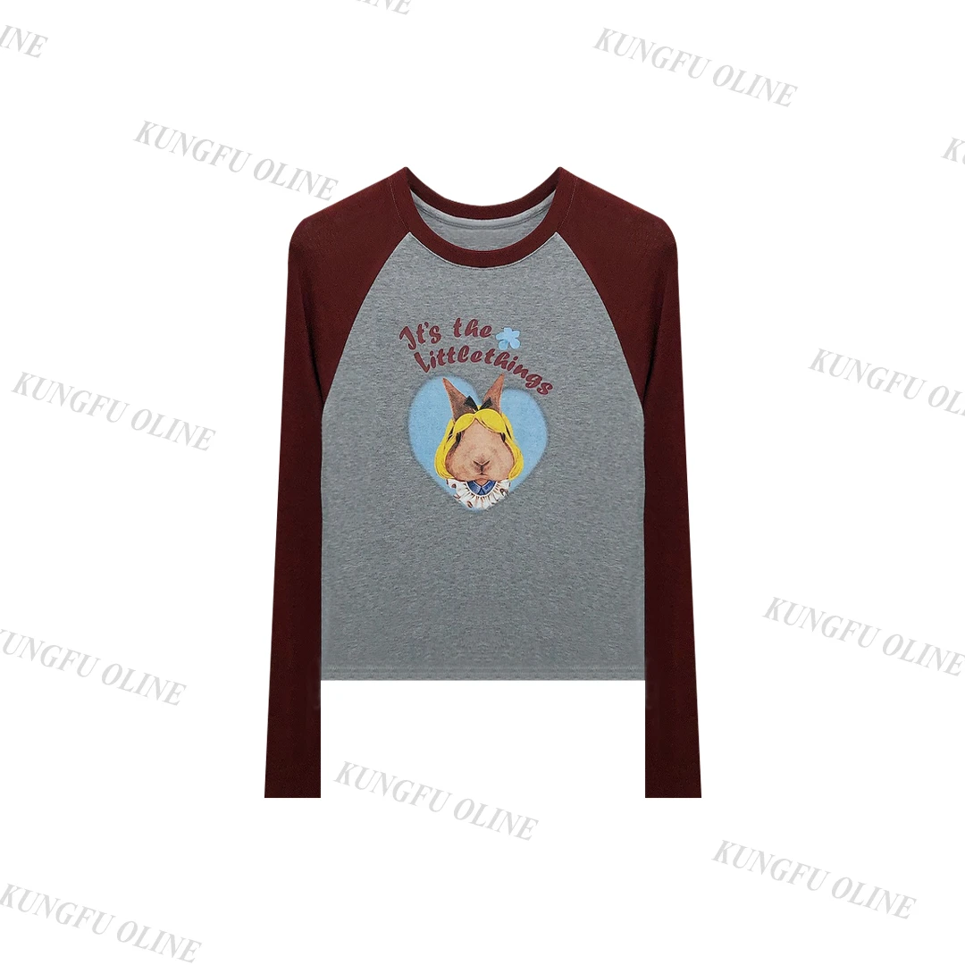 【YY】CT8752拼接色卡通印花兔子长袖百搭T恤女