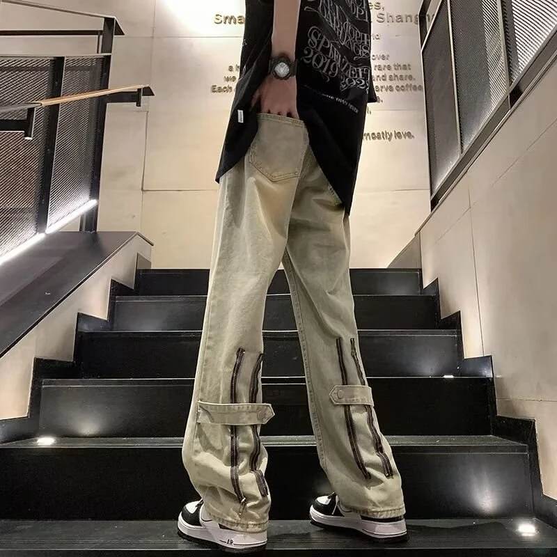 春季新款美式复古牛仔裤男阔腿直筒拉链装饰男装牛仔裤N