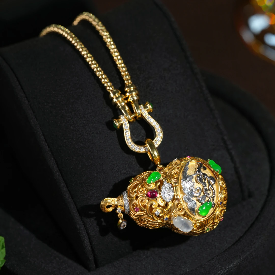 金钰顺18K金户葫芦麻烦翡翠辣色葫芦吊坠镶嵌葫芦挂件香囊款