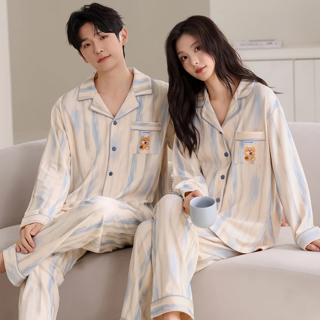 2025莉莉家情侣纯棉开衫条纹小熊长袖睡衣套装家居服可外穿