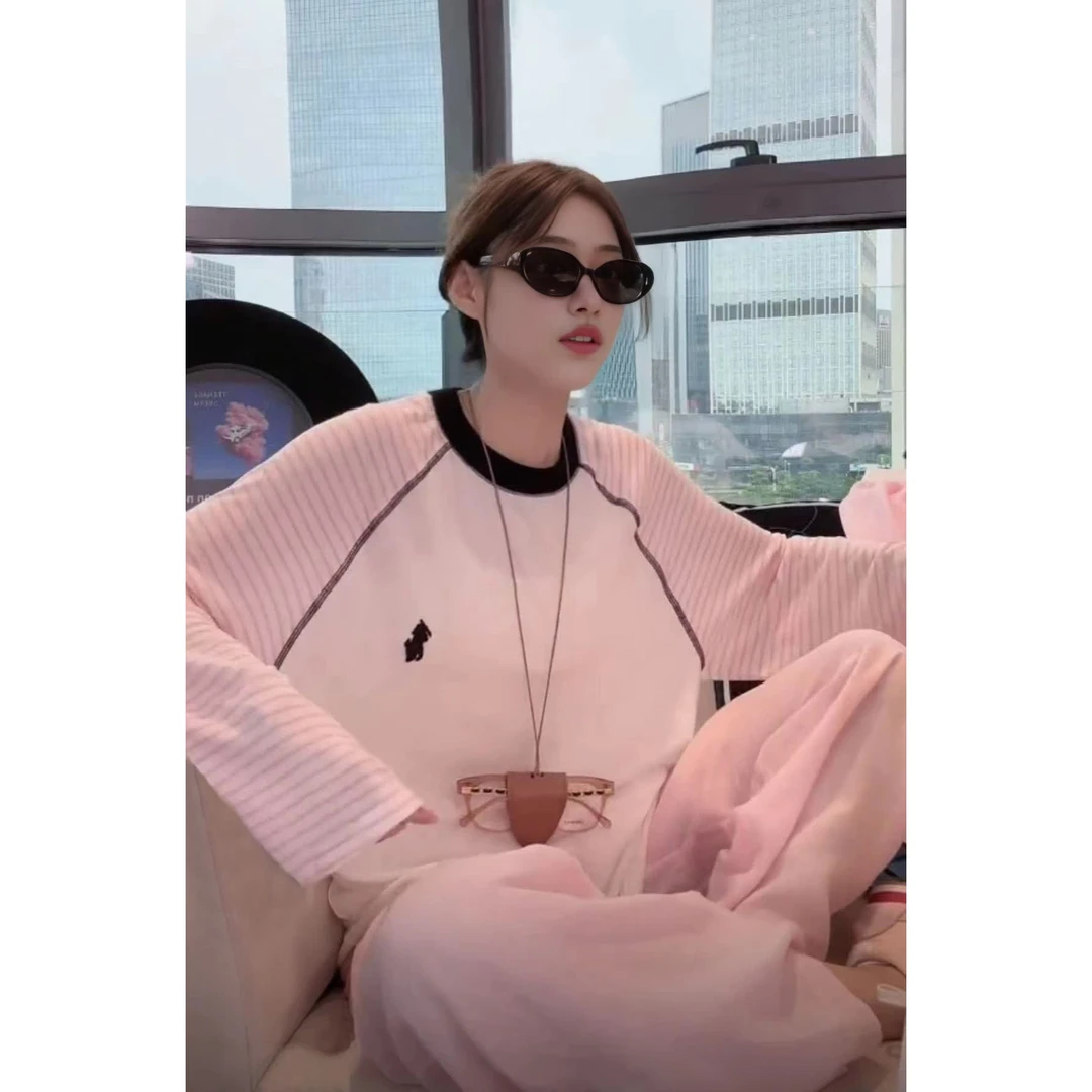 2025春夏女士新款设计感洋气上衣时尚独特粉白撞色宽松条纹T恤