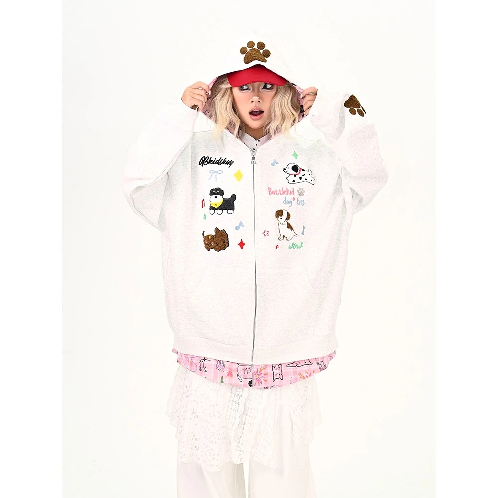 可爱刺绣卡通小狗卫衣开衫女2025秋冬季新款宽松bf童趣复古外套潮