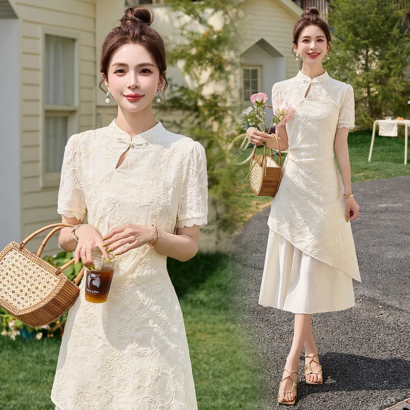 新中式国风刺绣提花连衣裙女2025年夏季新款复古盘扣改良旗袍裙子