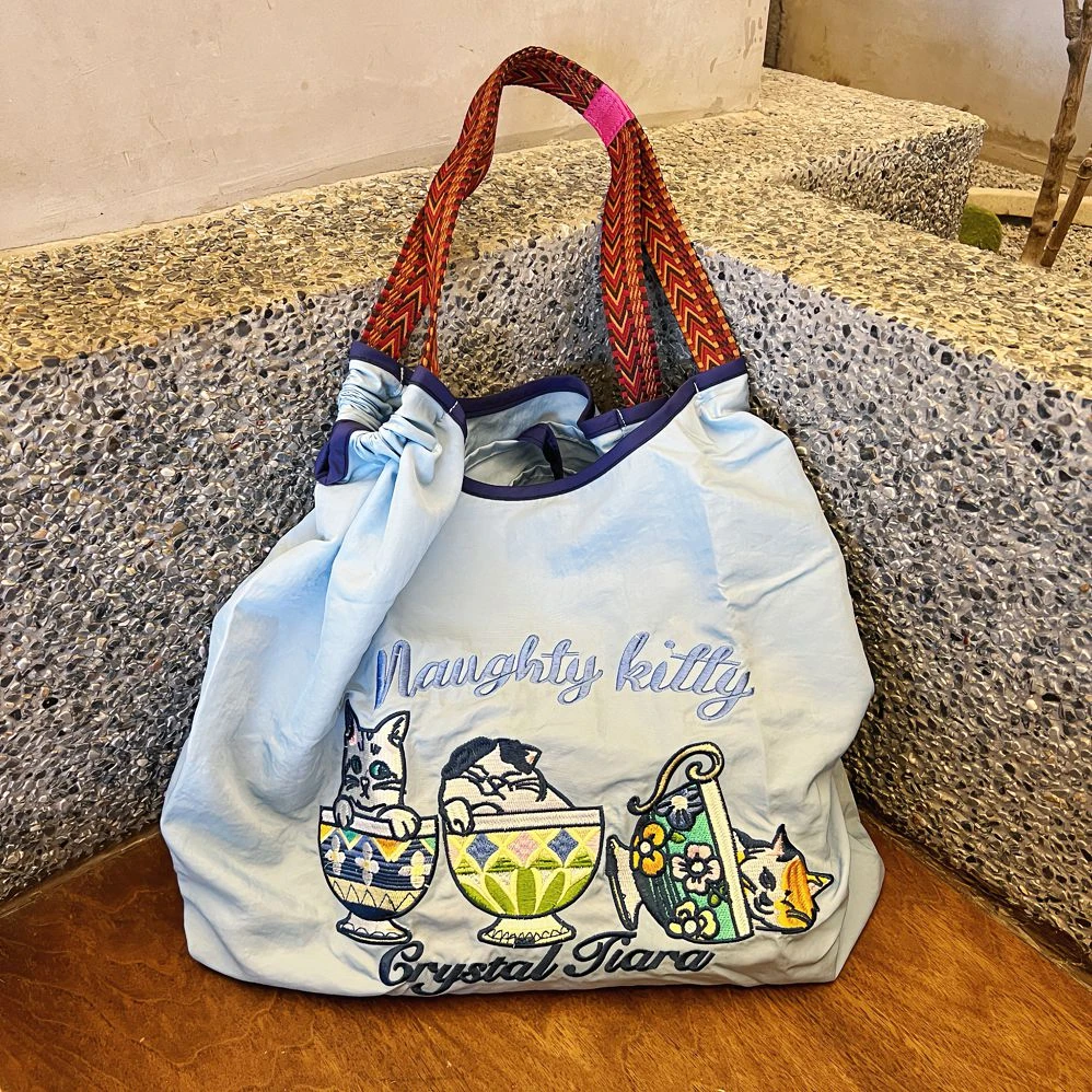 日系茶杯猫刺绣购物袋环保袋时尚百搭大容量单肩包手提包