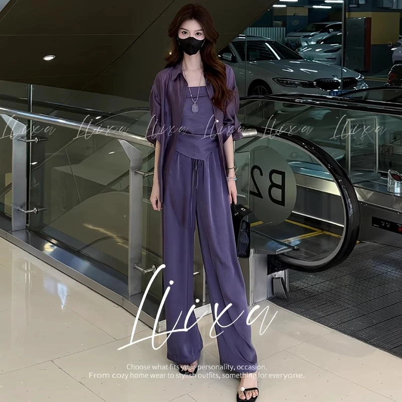 女神范时尚套装女士夏季新款洋气防晒衬衫不规则吊带阔腿裤三件套