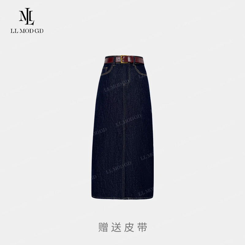 菇菇 秋季风减龄黑色半身裙女秋冬中长款开叉设计感裙子XR-252882