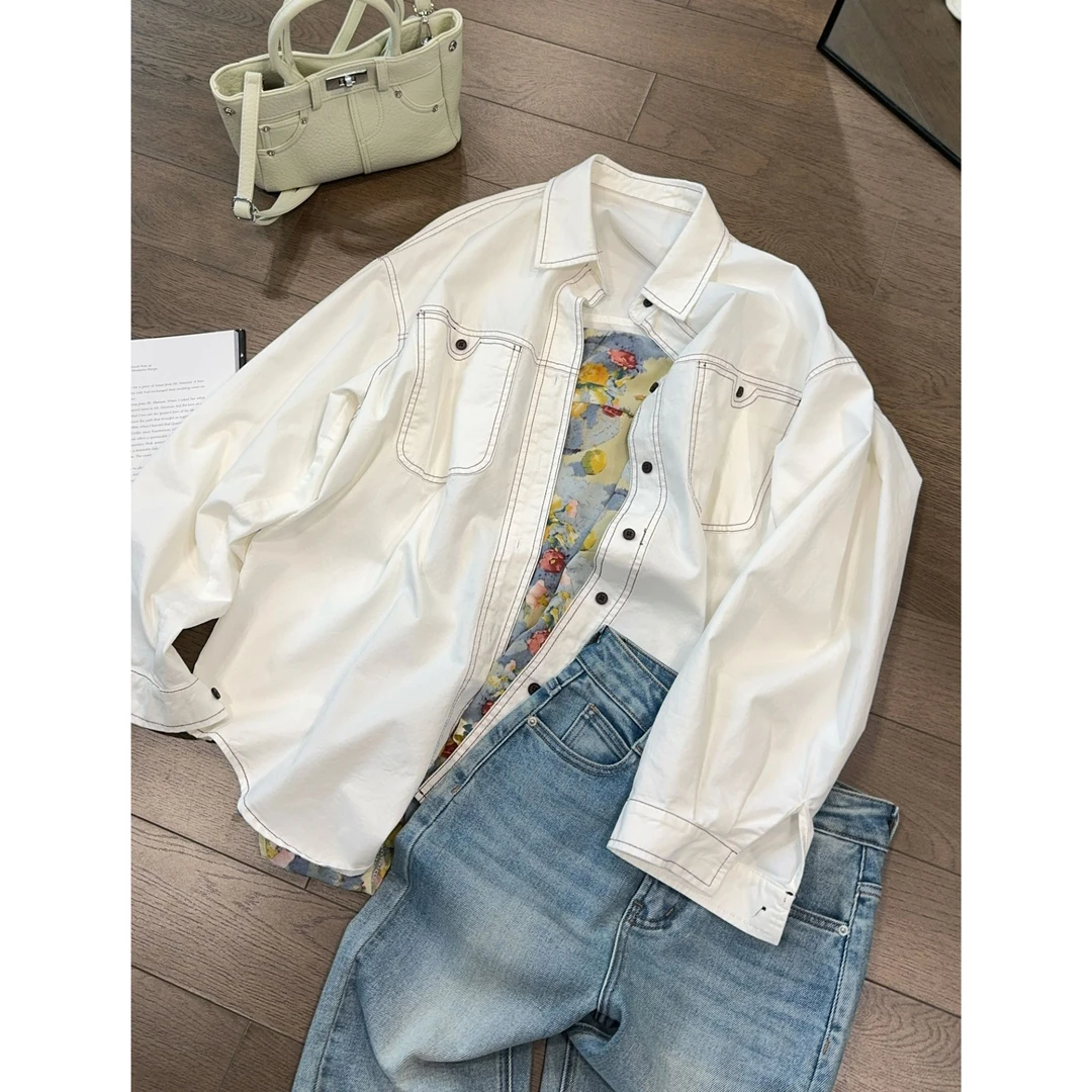 小王家/MEILI春上新纯色明线装饰拼接衬衫时尚长袖小众白色裤子