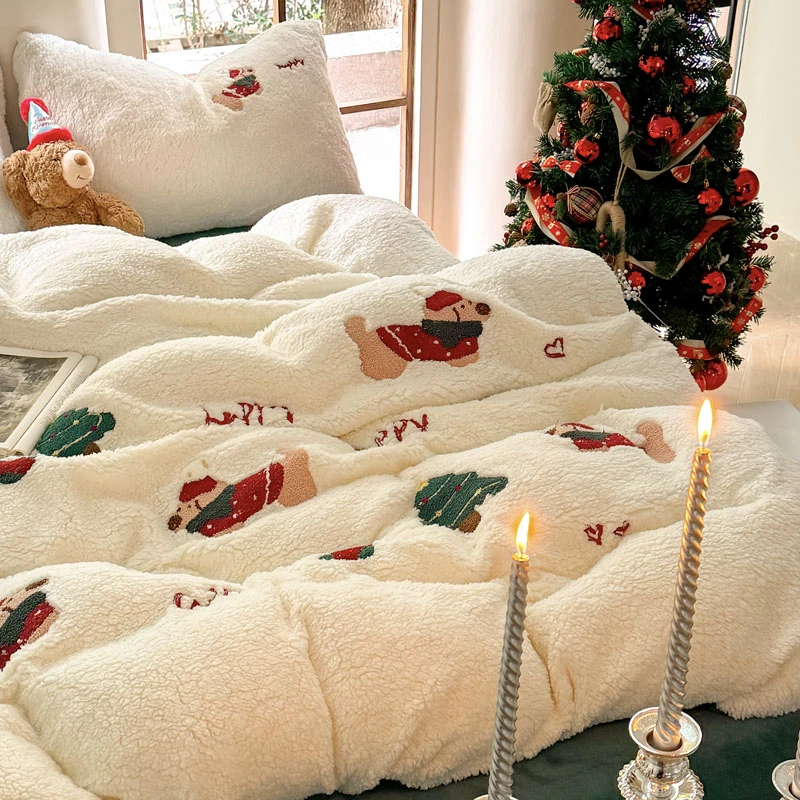 A类羊羔绒牛奶绒床上四件套冬季加厚毛巾绣双面绒被套床单三件套