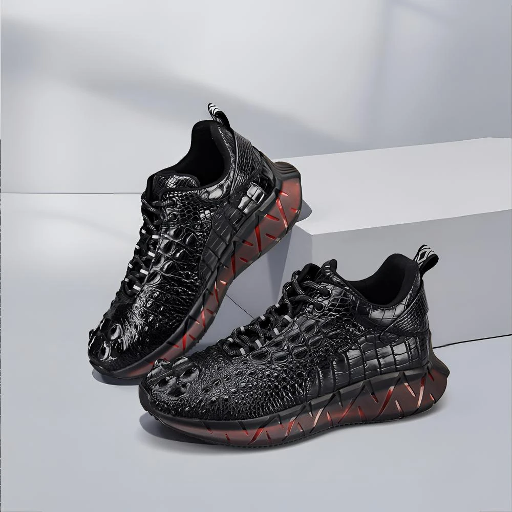 新款泰国鳄鱼头骨皮休闲鞋真皮男士百搭潮流防滑运动鞋系带耐磨潮