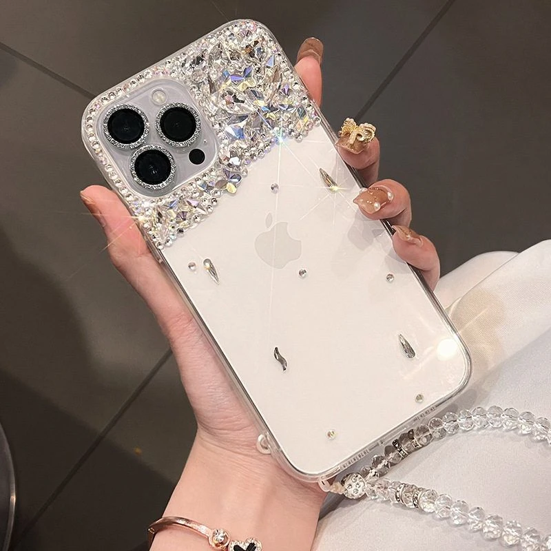 适用苹果16/15pro透明手机壳水钻女款iphone14挂绳13/12全包硅胶