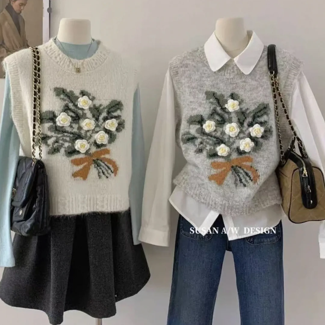 设计感立体花束针织马甲女秋冬叠穿百搭上衣
