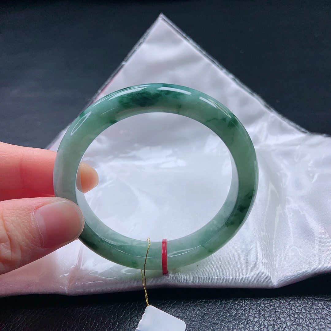 53➕圈糯冰种飘花翡翠平安镯缅甸天然a货女款宽边玉镯子
