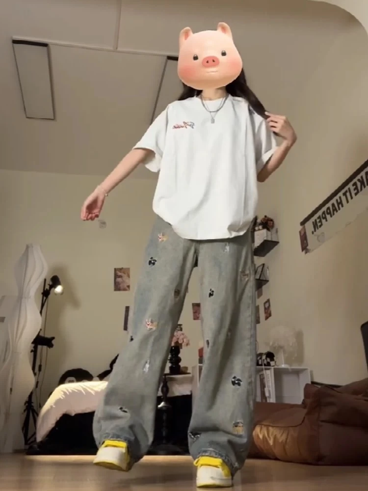 [李]高腰直筒牛仔裤女春季新款宽松显瘦复古浅色阔腿拖地裤