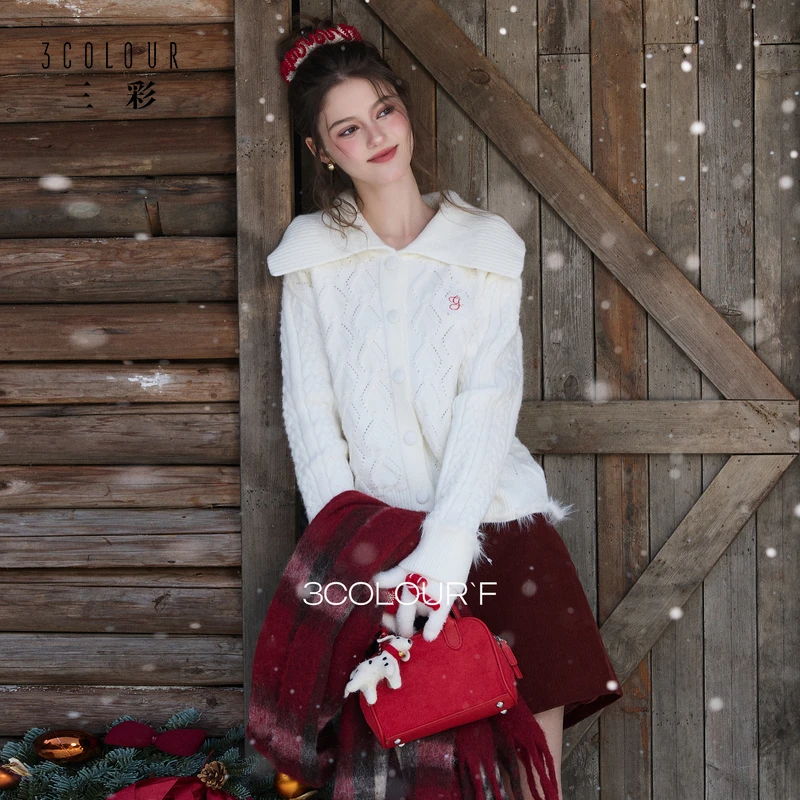 三彩独醒2026春季新款翻领绣花绞花肌理毛衣长袖F