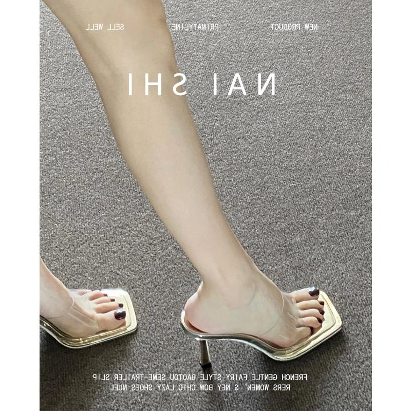 羊皮版！法式凉鞋女一字带透明凉拖鞋外穿细跟方头金色露趾高跟鞋