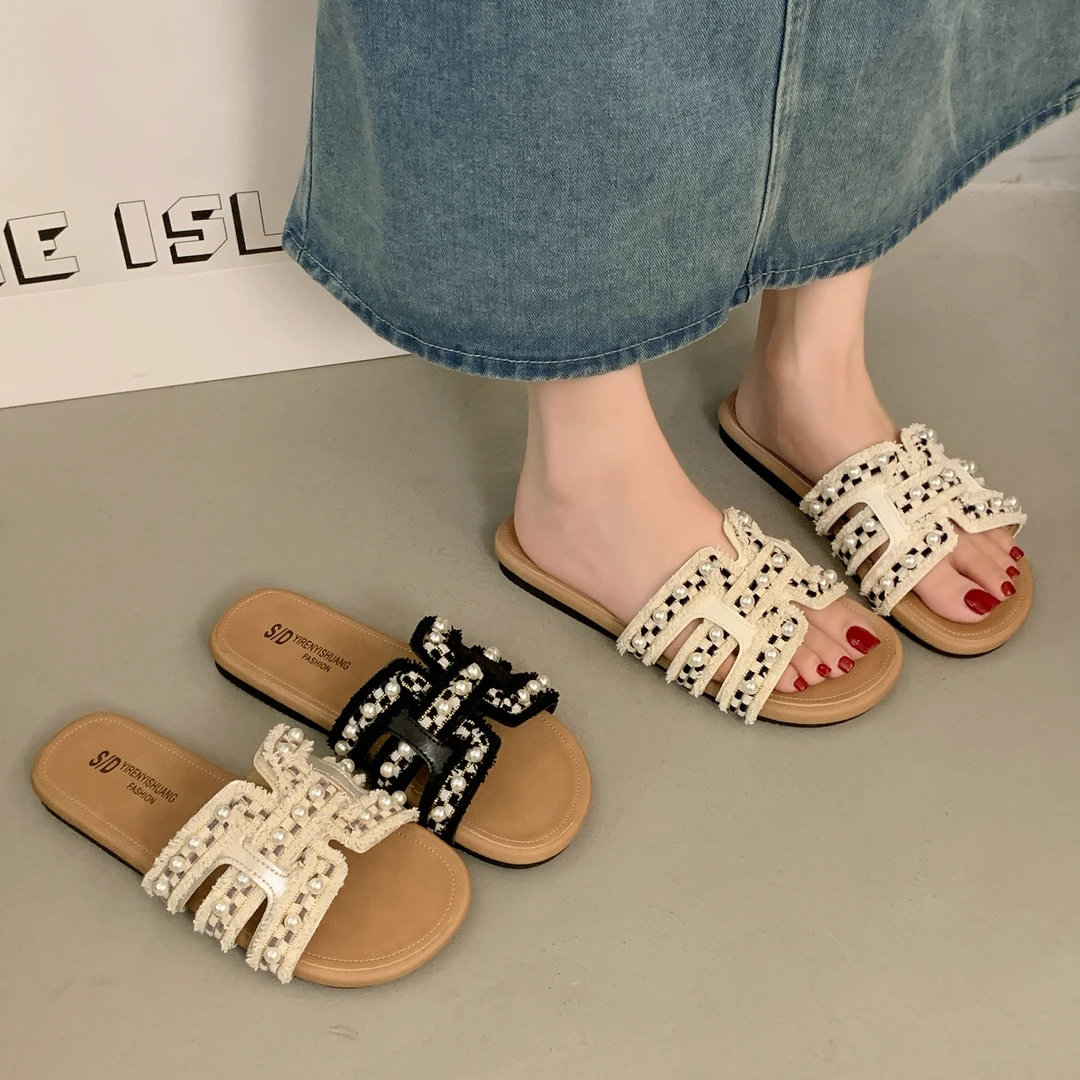 绝美软底珍珠流苏一字拖鞋女夏季外穿新款法式仙女风沙滩凉拖鞋子