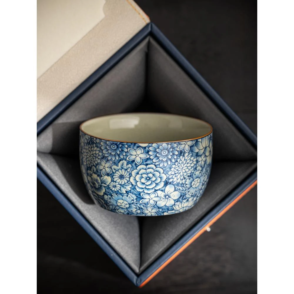 老陶泥手工青花茶杯个人专用主人杯陶瓷直边杯功夫茶具单杯品茗杯