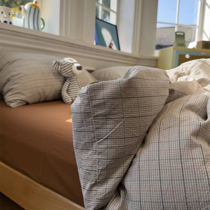 易安阁水洗棉简约悦野灰格四件套全棉1.5m1.8米公寓被套三件套