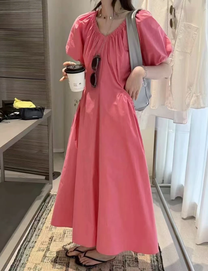 小雅姐姐  韩系优雅V领大口袋泡泡袖褶皱连衣裙长裙IS39