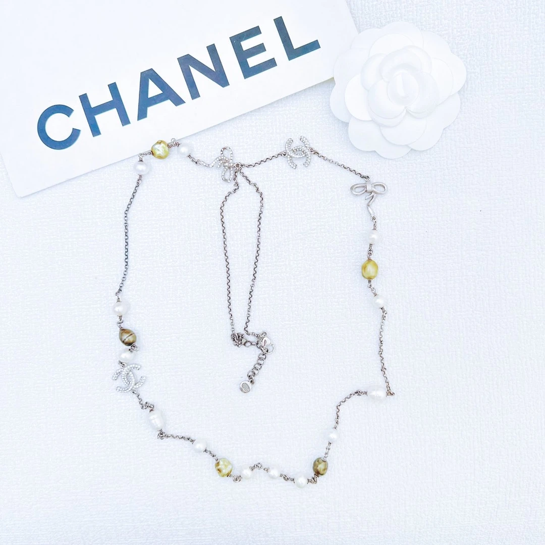 95新 Chanel/香奈儿 柚礼中古/珍珠蝴蝶结双C项链lz409669