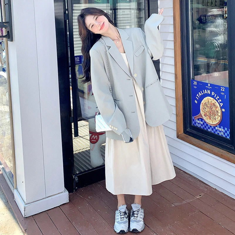 松弛感韩系超好看西装套装女2025初春季新款西服吊带连衣裙两件套