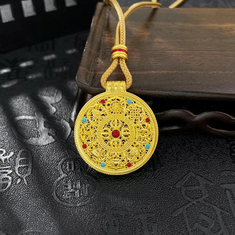 足金999真金古法珐琅彩罗盘吊坠