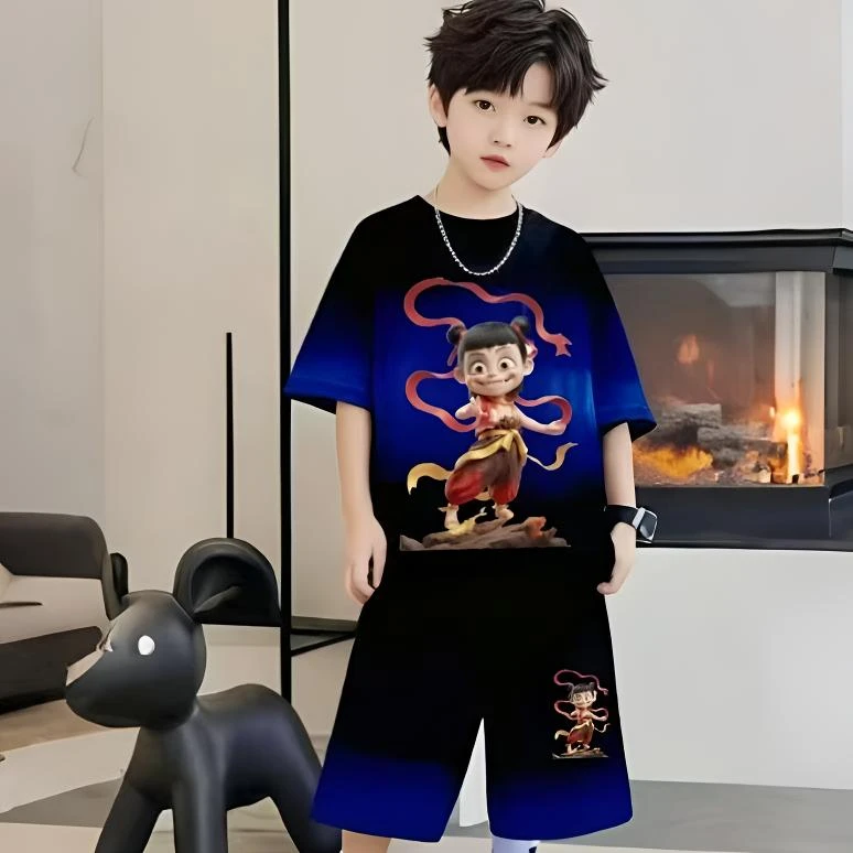 哪吒炸街帅气高能感男童宽松休闲运动潮2025新款男孩夏季短袖套装