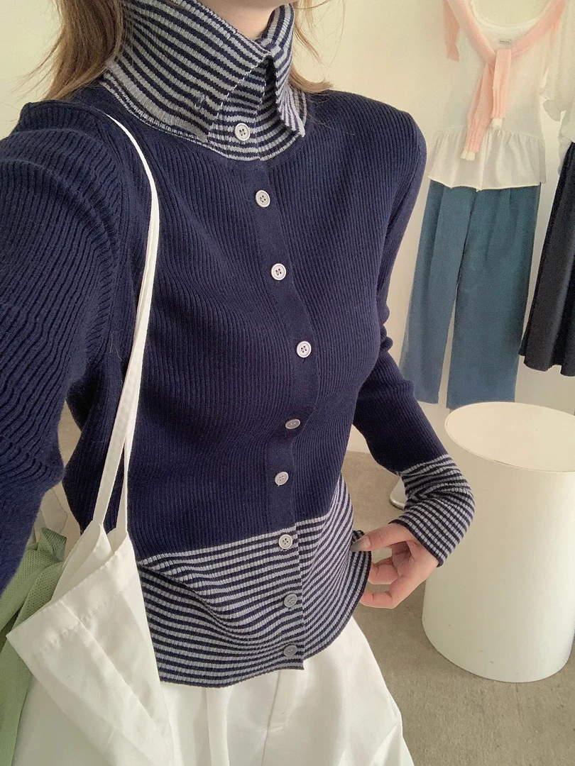 【高智条纹款】条纹拼接多扣可翻领立领显瘦针织上衣 959