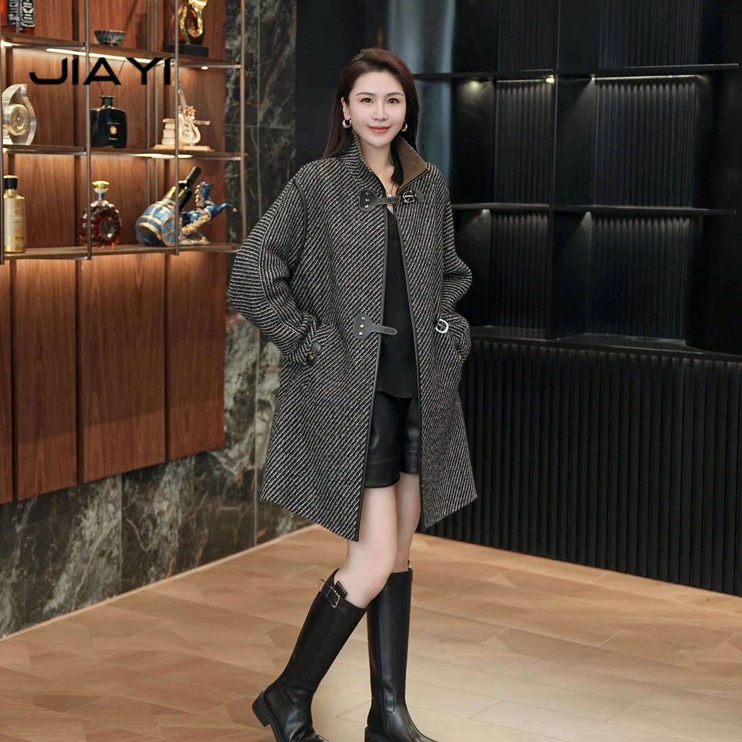 【嘉一】秋冬黑白斜纹中长款羊毛大衣 JYD-7102