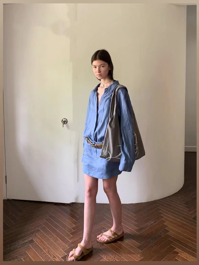 漂亮套装2025新款夏季慵懒衬衫裙女装亚麻老钱懒人衬衫裙裤套装