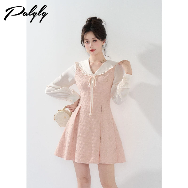 法式小香风粉色甜美v领连衣裙长袖秋初恋小洋裙53PDA44274