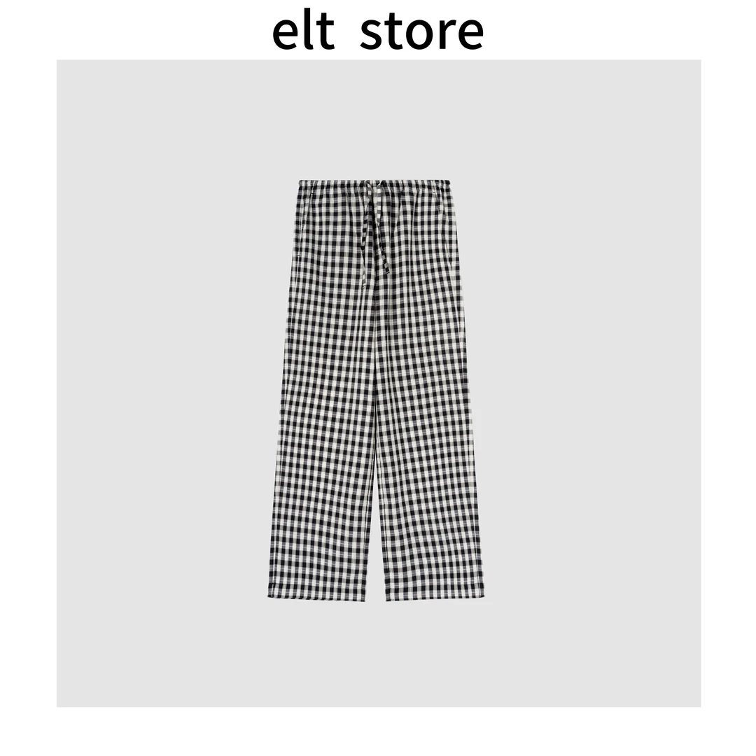 格纹抽绳阔腿休闲裤1519