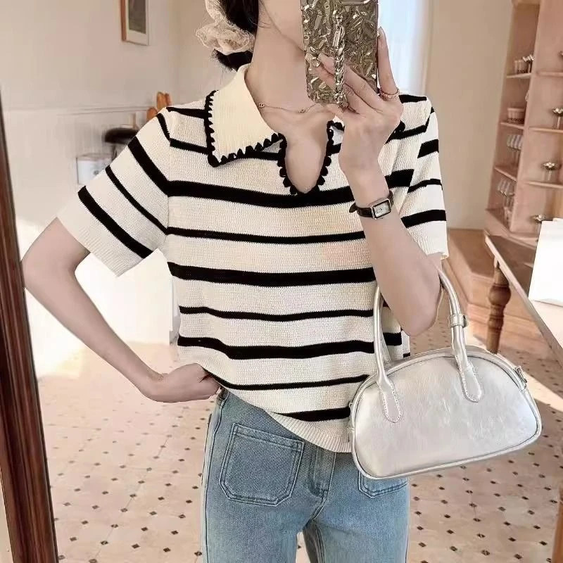 欧货漂亮巨显瘦上衣2025夏季新款翻领短袖条纹百搭肌理感时尚小衫