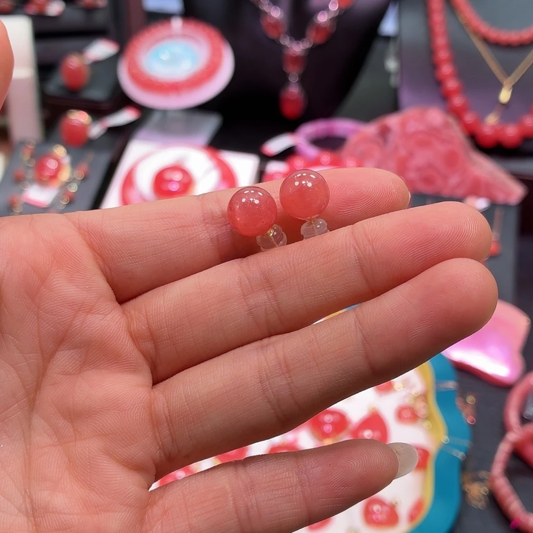 菱锰矿（红纹石）18K金镶嵌耳钉