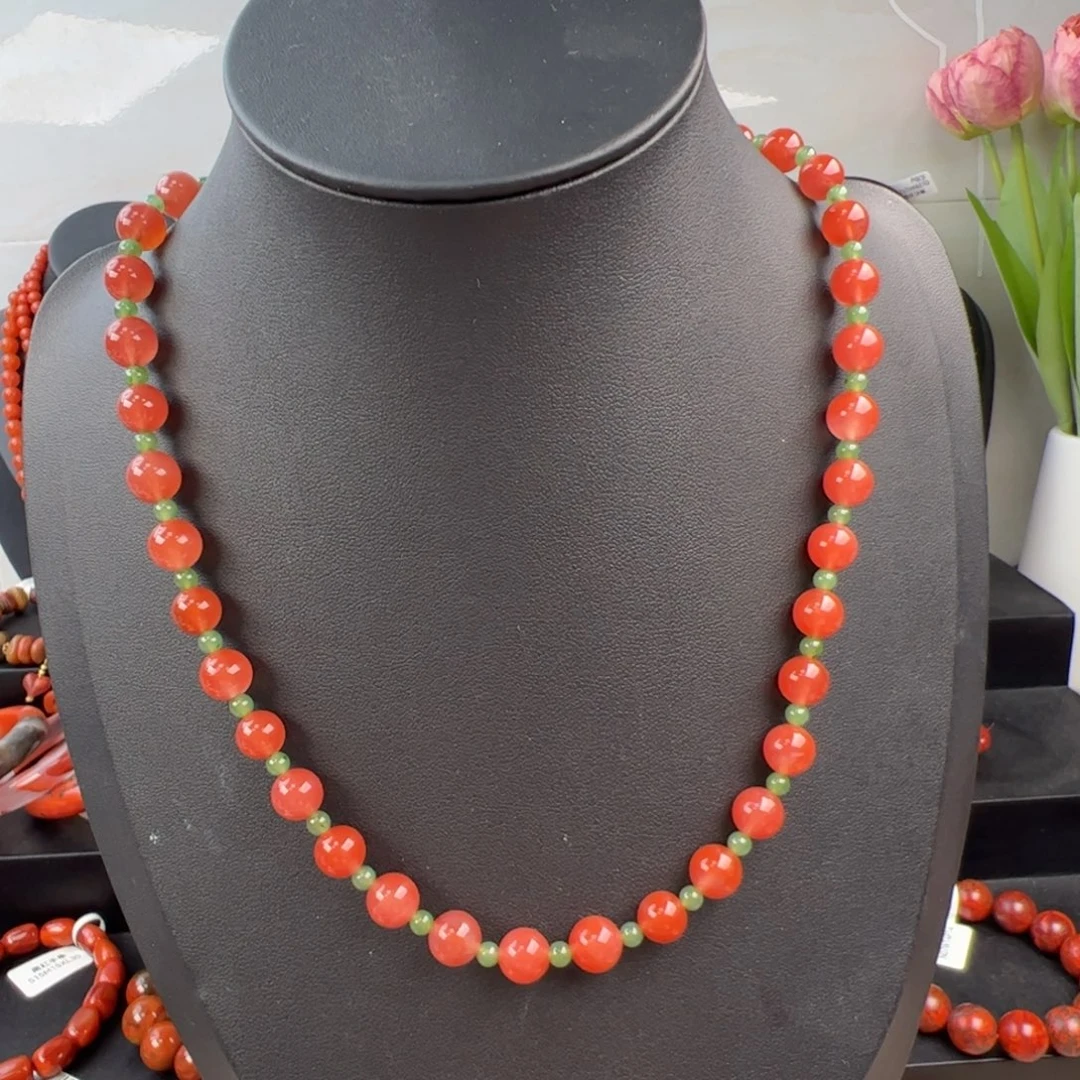 南红玛瑙银S925镶嵌（保山冰红项链8mm