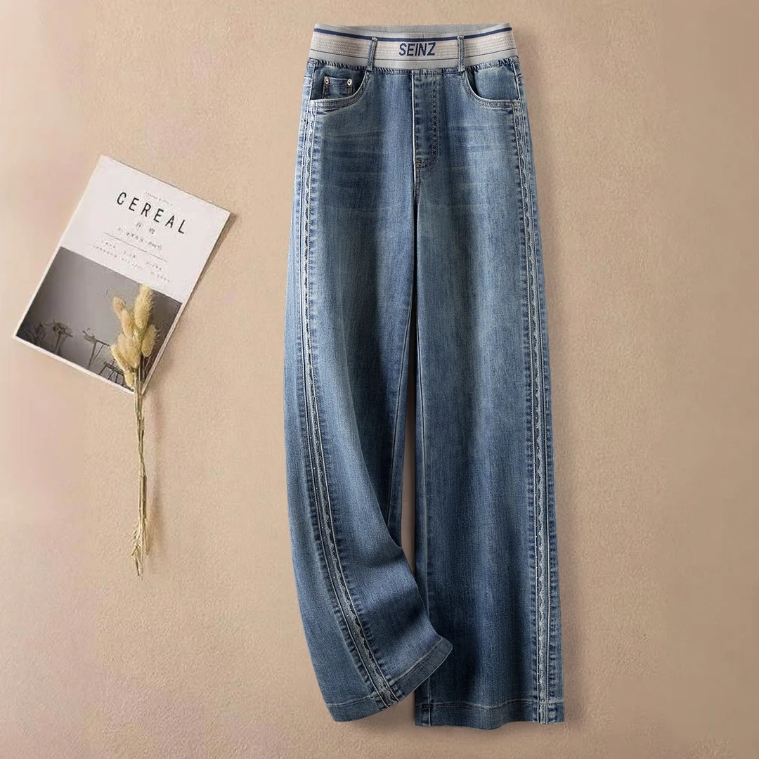 蓝色大码阔腿洗水牛仔裤女秋季2025新款松紧高腰垂感显瘦直筒裤子