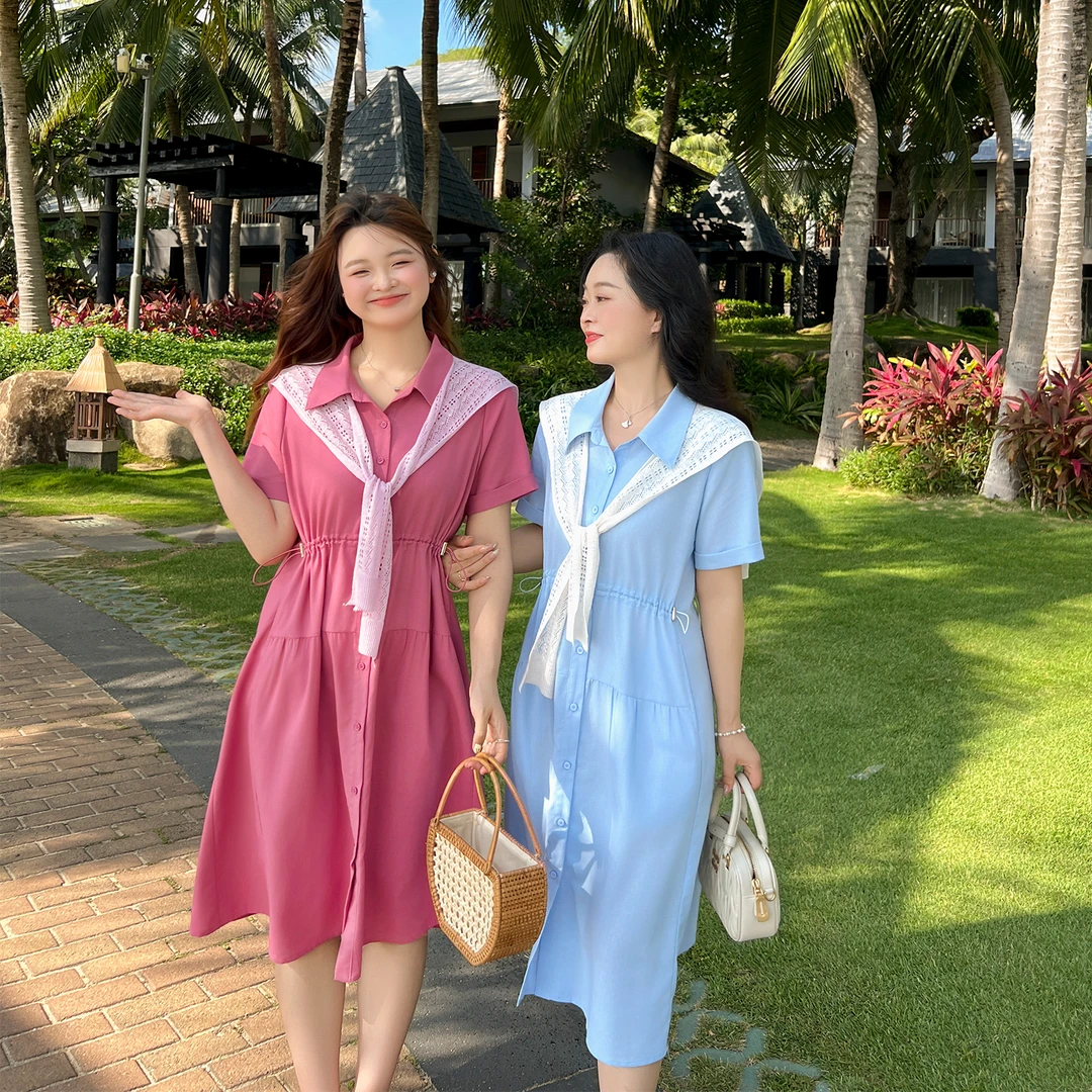 【夏季新品】大码百分百显瘦时尚百搭撞色披肩舒适衬衫裙1229