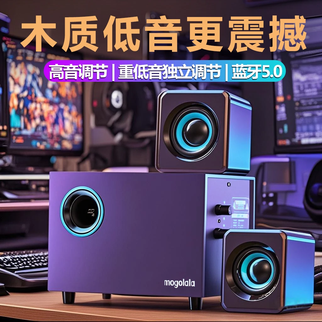 电脑音箱桌面音响台式家用大音量高音质蓝牙多媒体木质低音炮灯光