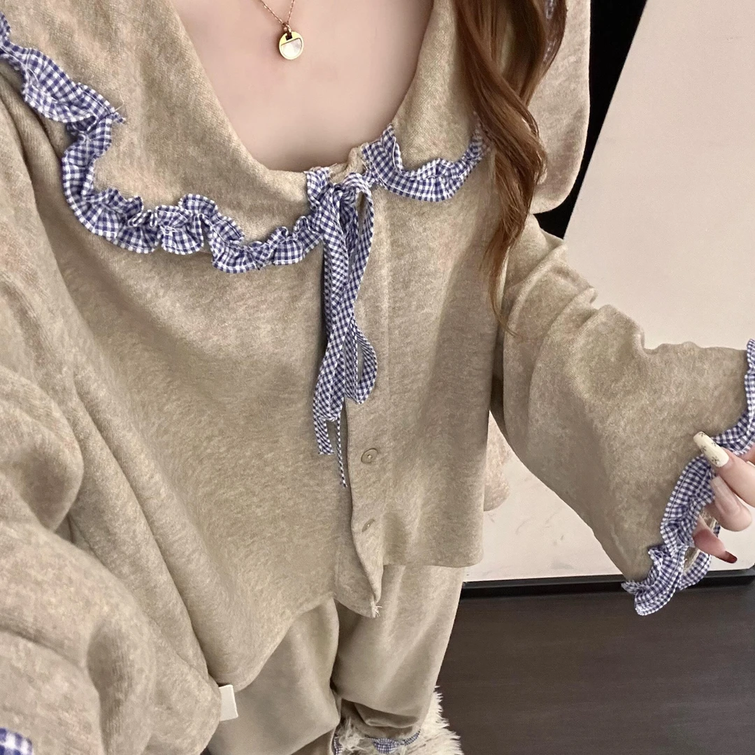 甜美娃娃领花边德绒睡衣女春秋新款大码长袖长裤可外穿家居服套装