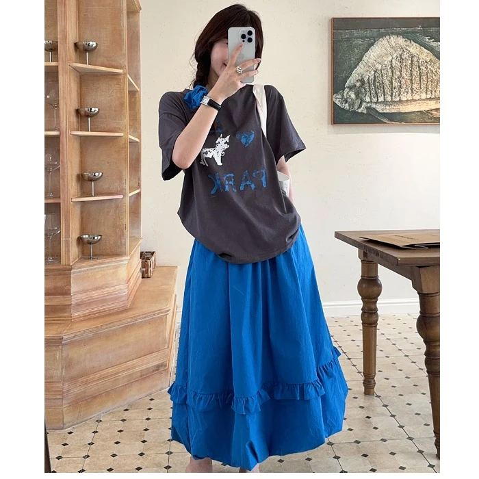 【运补6】大码卡通小狗百搭休闲宽松T恤+花苞半身裙显瘦两件套女