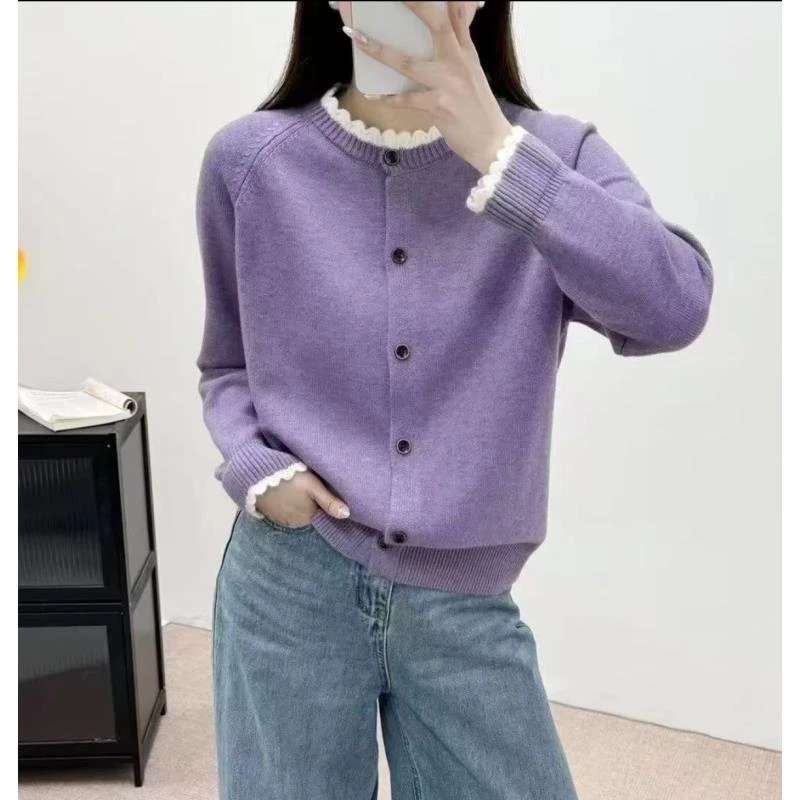 LF欧若风拼色花边领毛衣开衫针织衫显瘦上衣春季新款女装外套9536