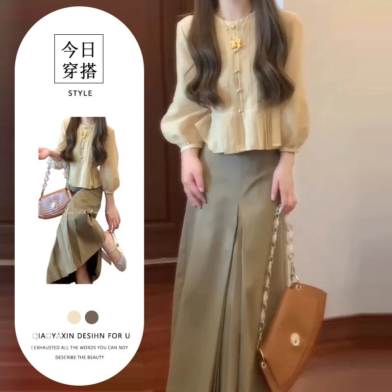 春装搭配一整套装女设计感小众宽松显瘦褶皱别致衬衫半身裙两件套