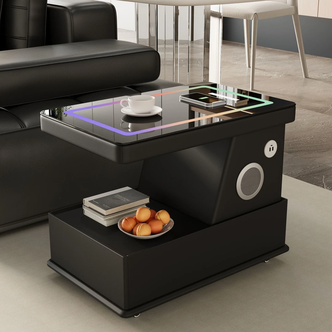 全实木可移动茶几小户型带轮家用小推车智能茶几无线充电沙发边柜