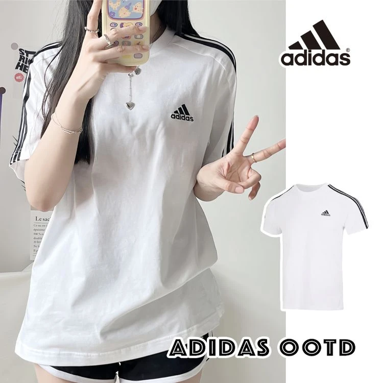 Adidas阿迪达斯短袖T恤男女情侣款夏季宽松运动三条纹半袖IC9336