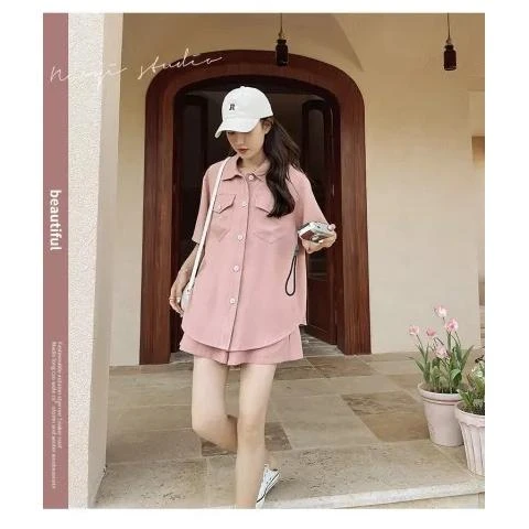 粉色衬衫套装女夏小个子韩版宽松休闲2023短袖上衣短裤两件套