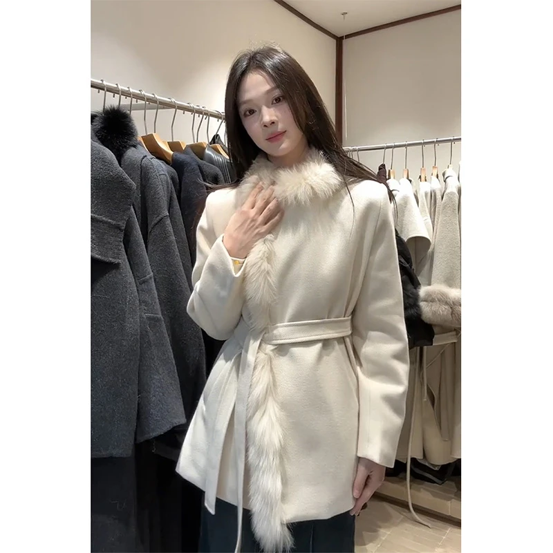 MARIE.COCO法式高级感毛领长袖外套设计感系带收腰显瘦毛呢大衣